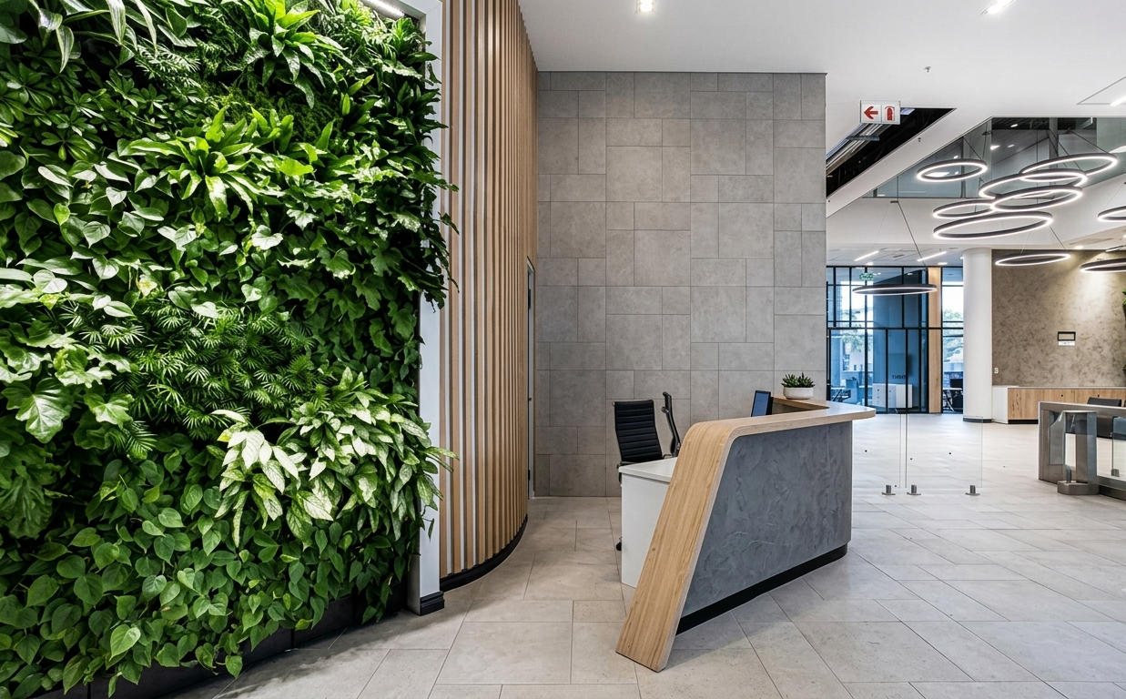 Corporate office reception interior design with living green wall, Colombo
